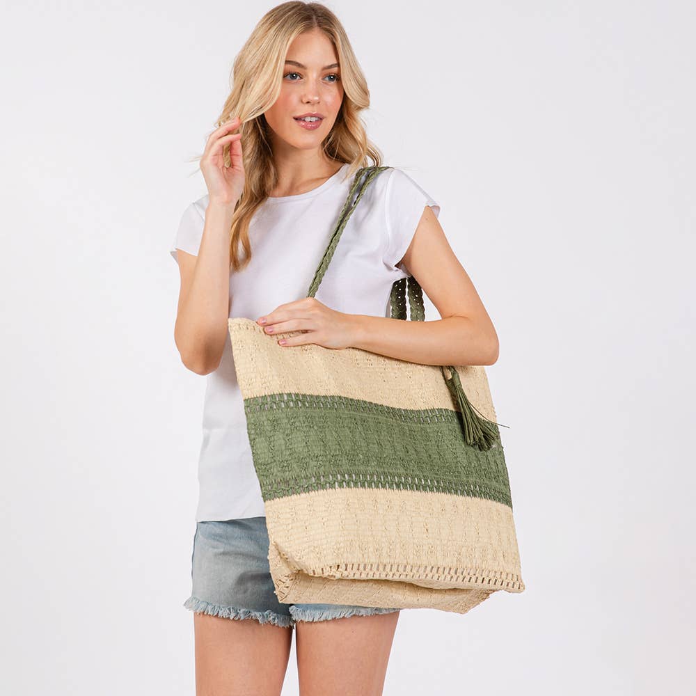 Two Tone Color Block Woven Tassel Straw Tote Bag / Beach Bag