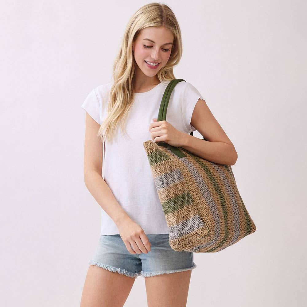 Natural Multi Color Stripe Straw Tote Bag
