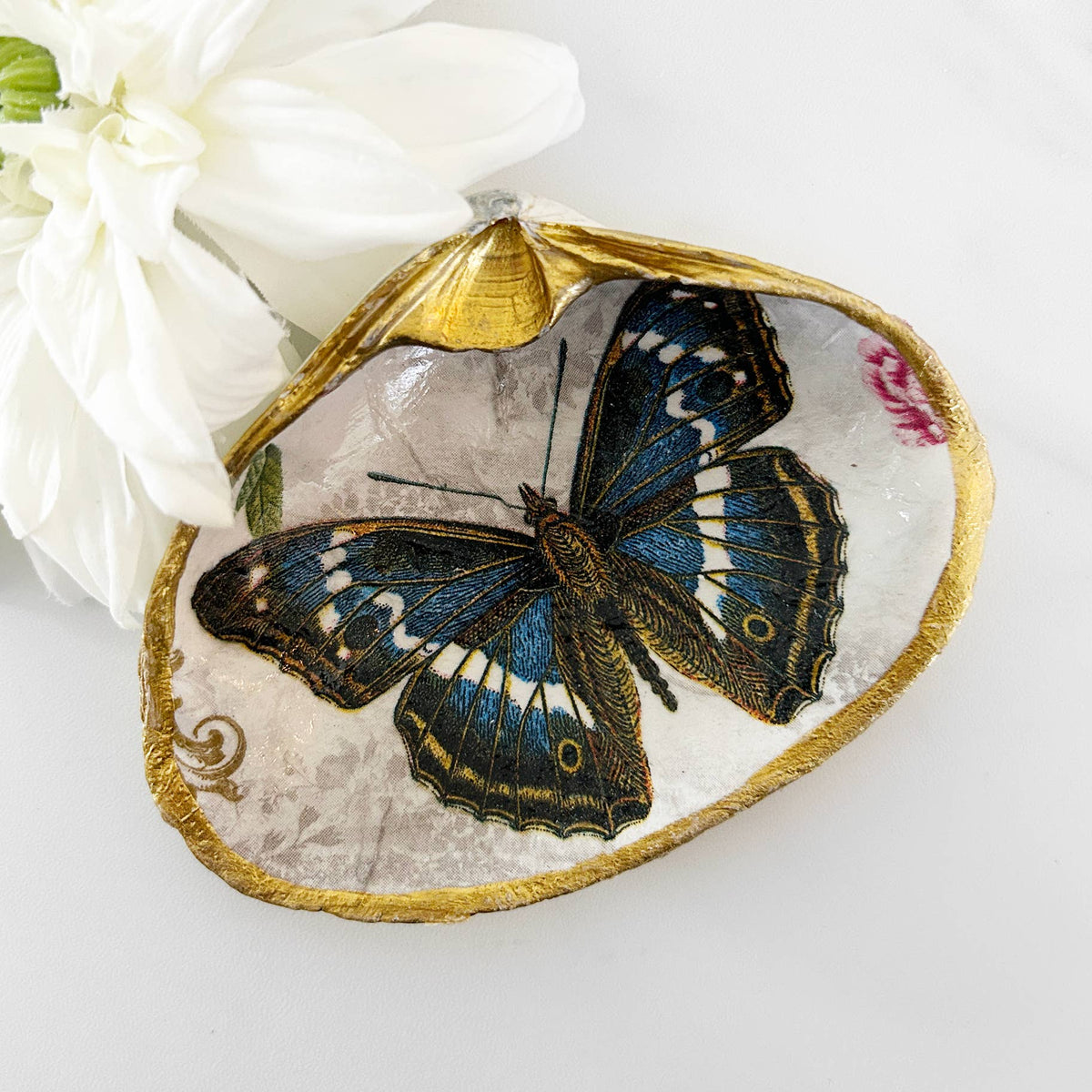 Vintage Style Butterfly Decoupage Clam Shell Trinket Dish