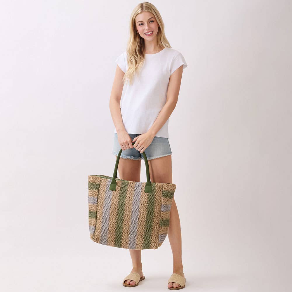 Natural Multi Color Stripe Straw Tote Bag