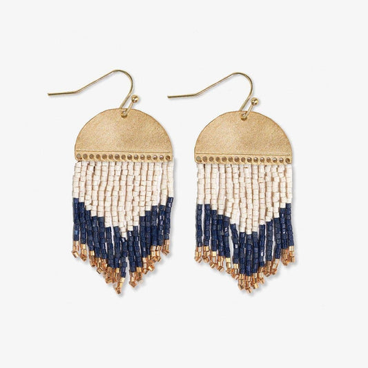 Earrings Gold Claudia Curved Pattern Short Beaded Fringe Navy