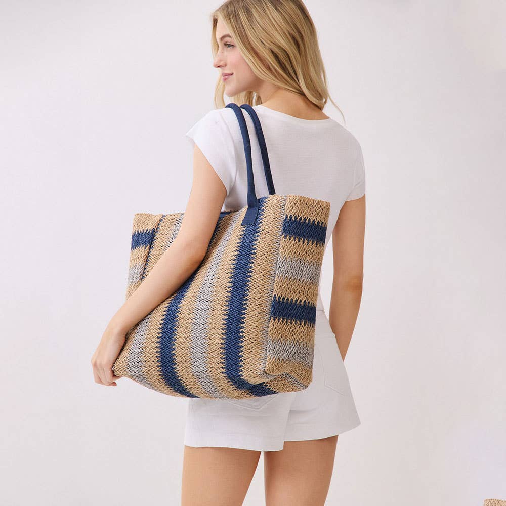 Natural Multi Color Stripe Straw Tote Bag