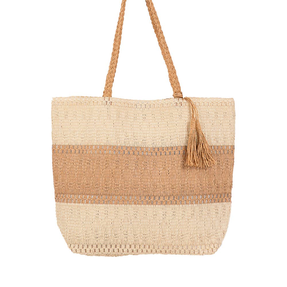 Two Tone Color Block Woven Tassel Straw Tote Bag / Beach Bag