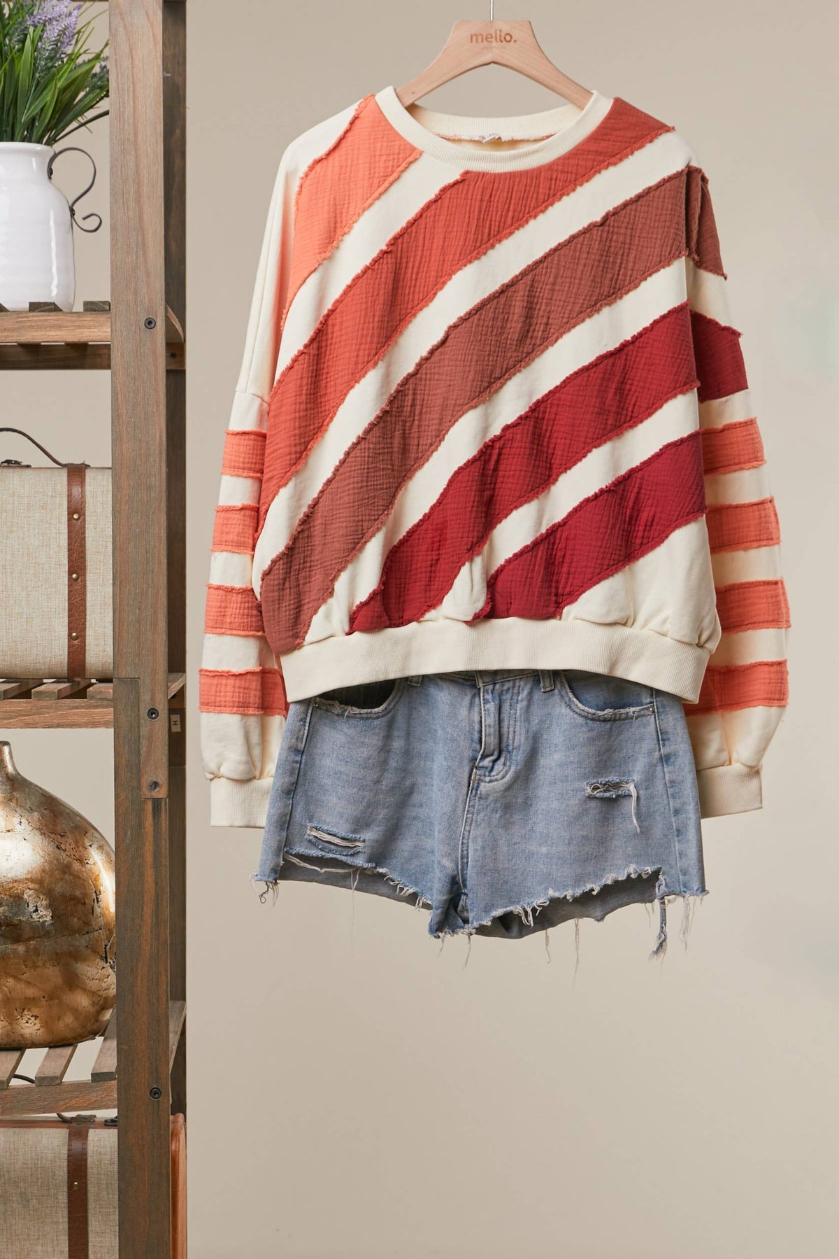 Textured Diagonal Stripe Patchwork Sweatshirt