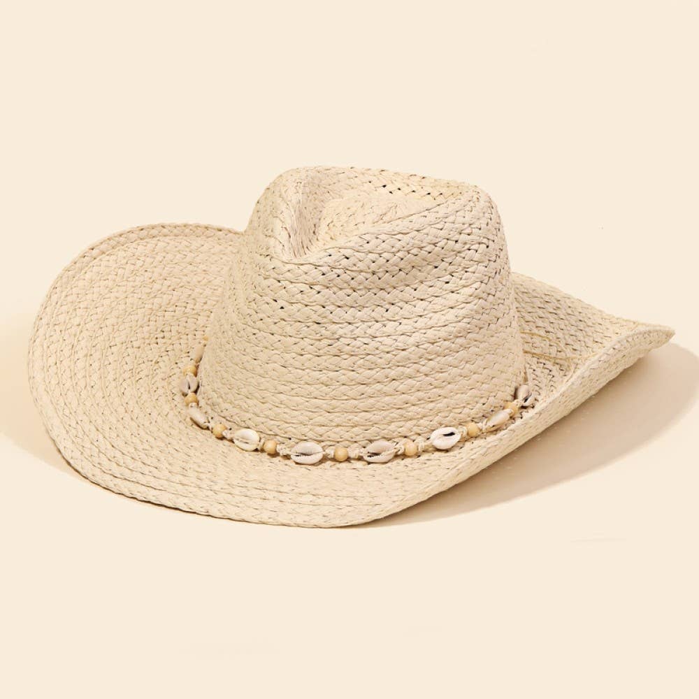 Cowrie Shell Straw Braided Cowboy Hat: Khaki