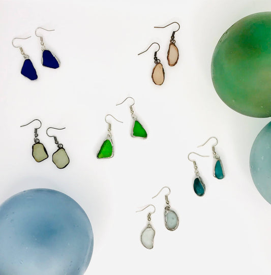 Ebb & Flow Rustic Simple Sea Glass Earrings: Carded on brown cardstock