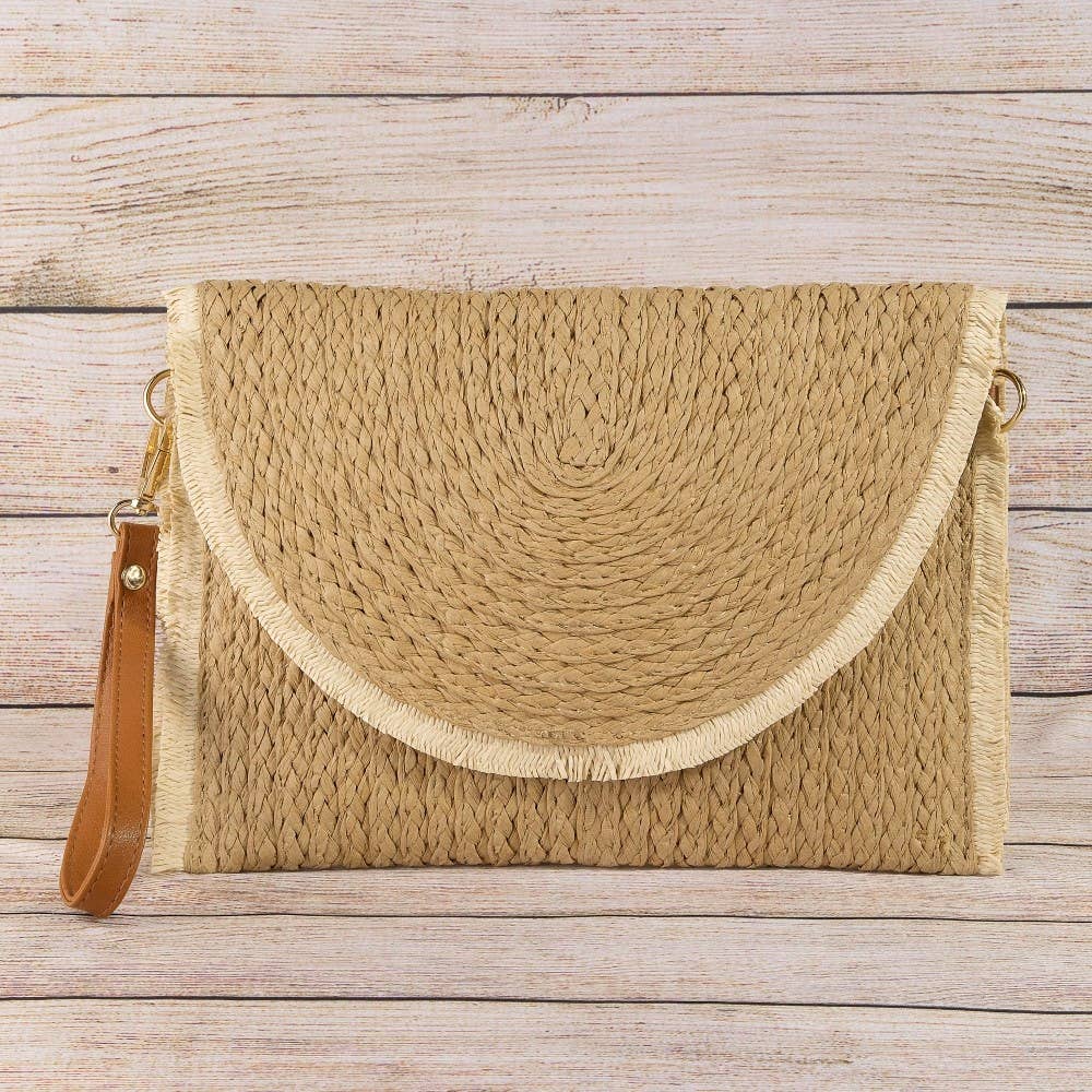Fringed Trim Straw Clutch Bag