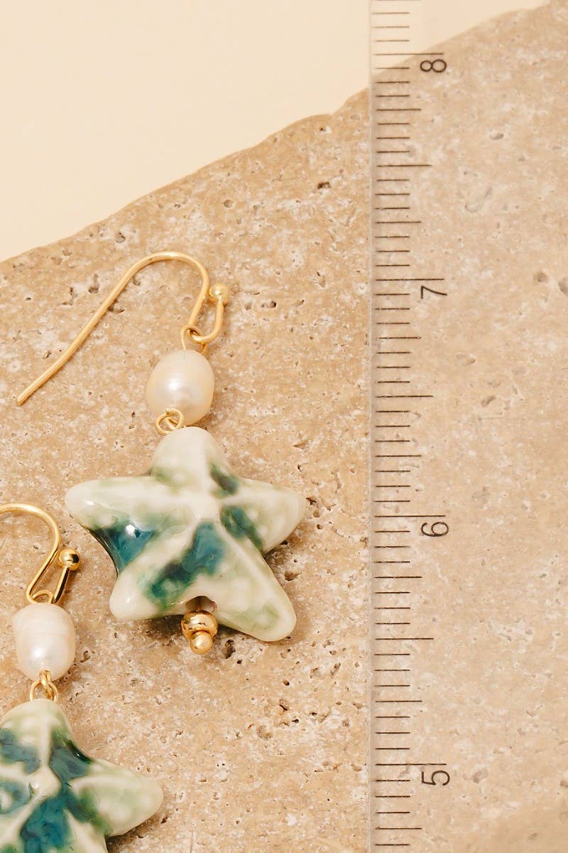Pearl And Starfish Dangle Hook Earrings