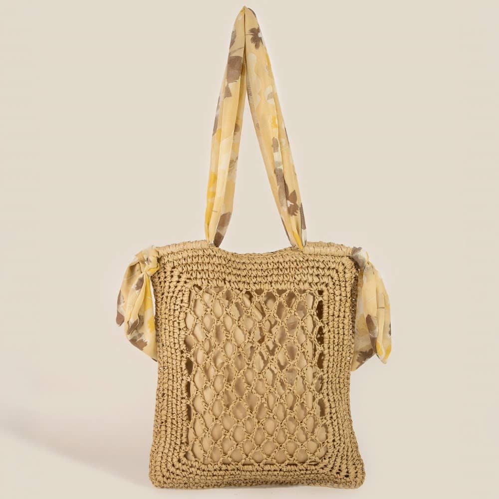 Tropical Bandana Strap Straw Braided Tote Bag