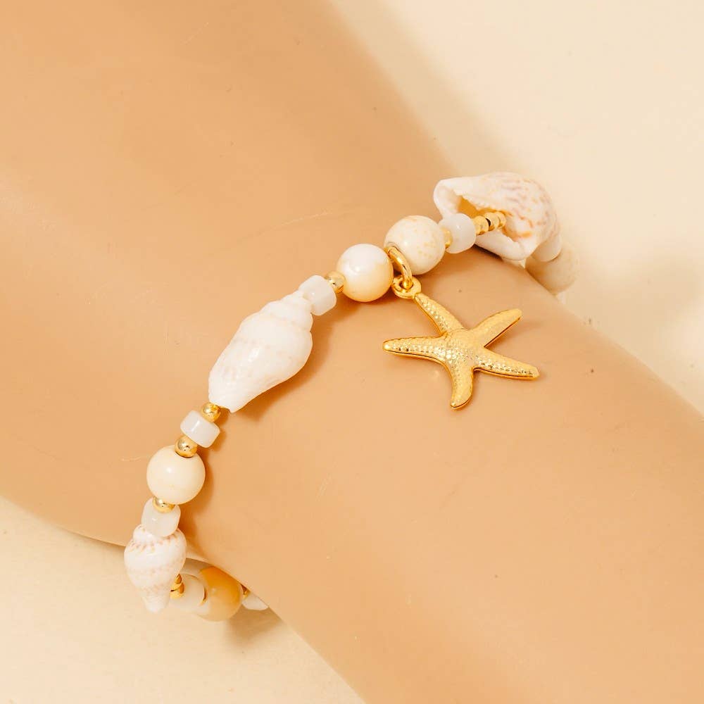 Starfish Pendant And Conch Shell Beaded Bracelet