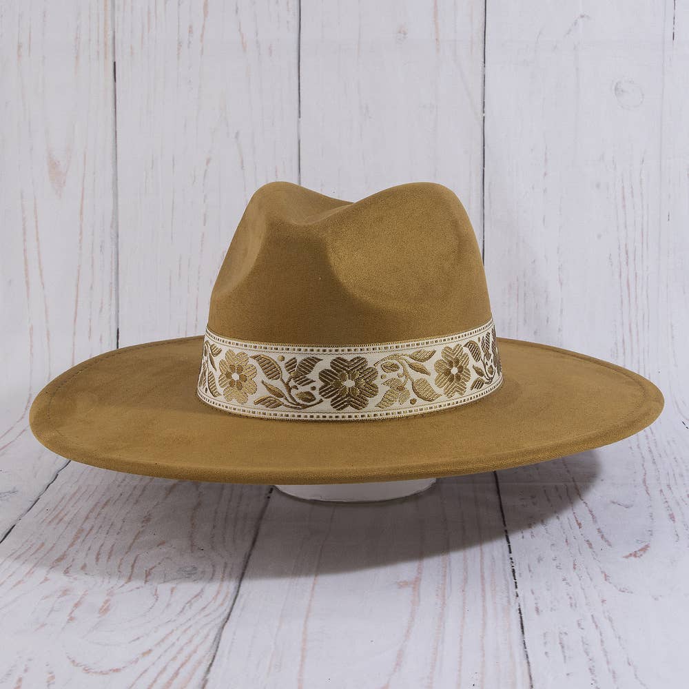 Wide Brim Felt Hat With Floral Ribbon Band