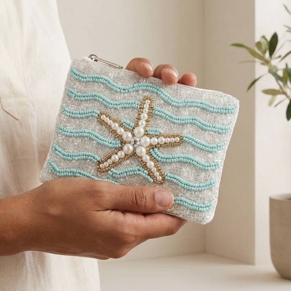 Pearl Beaded Starfish Seed Beaded Coin Purse