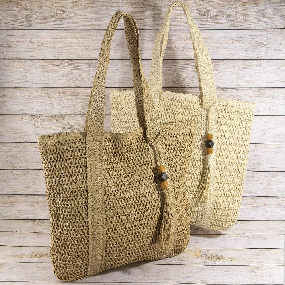 Woven Paper Straw Tote Bag With Tassel