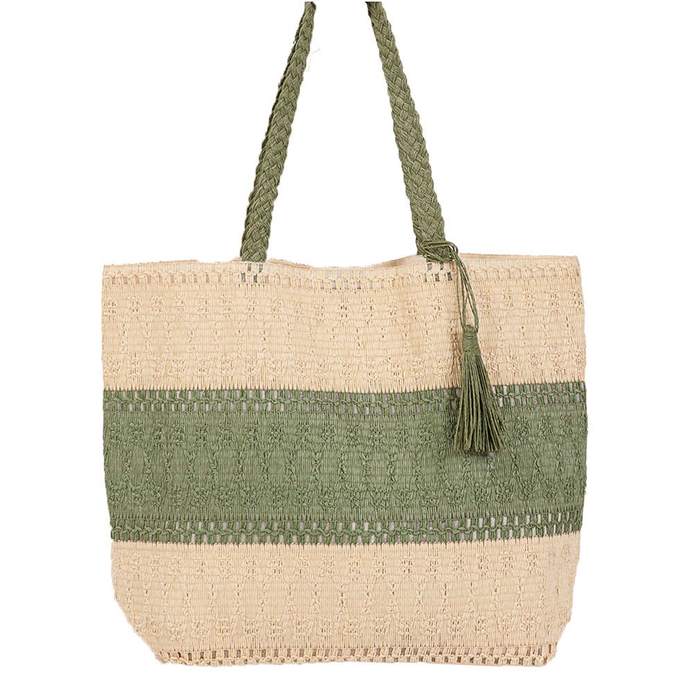 Two Tone Color Block Woven Tassel Straw Tote Bag / Beach Bag