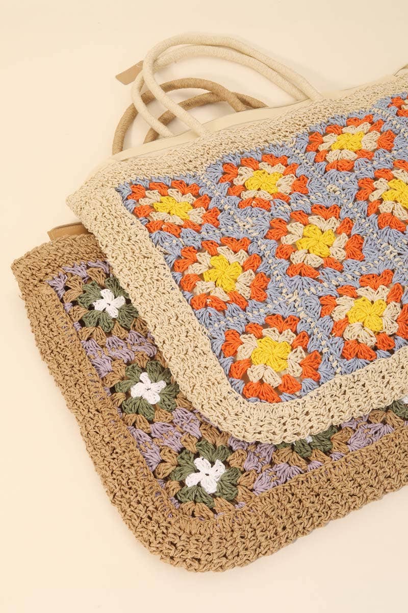 Straw Braided Floral Pattern Tote Bag