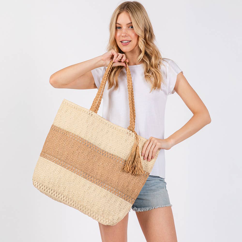 Two Tone Color Block Woven Tassel Straw Tote Bag / Beach Bag