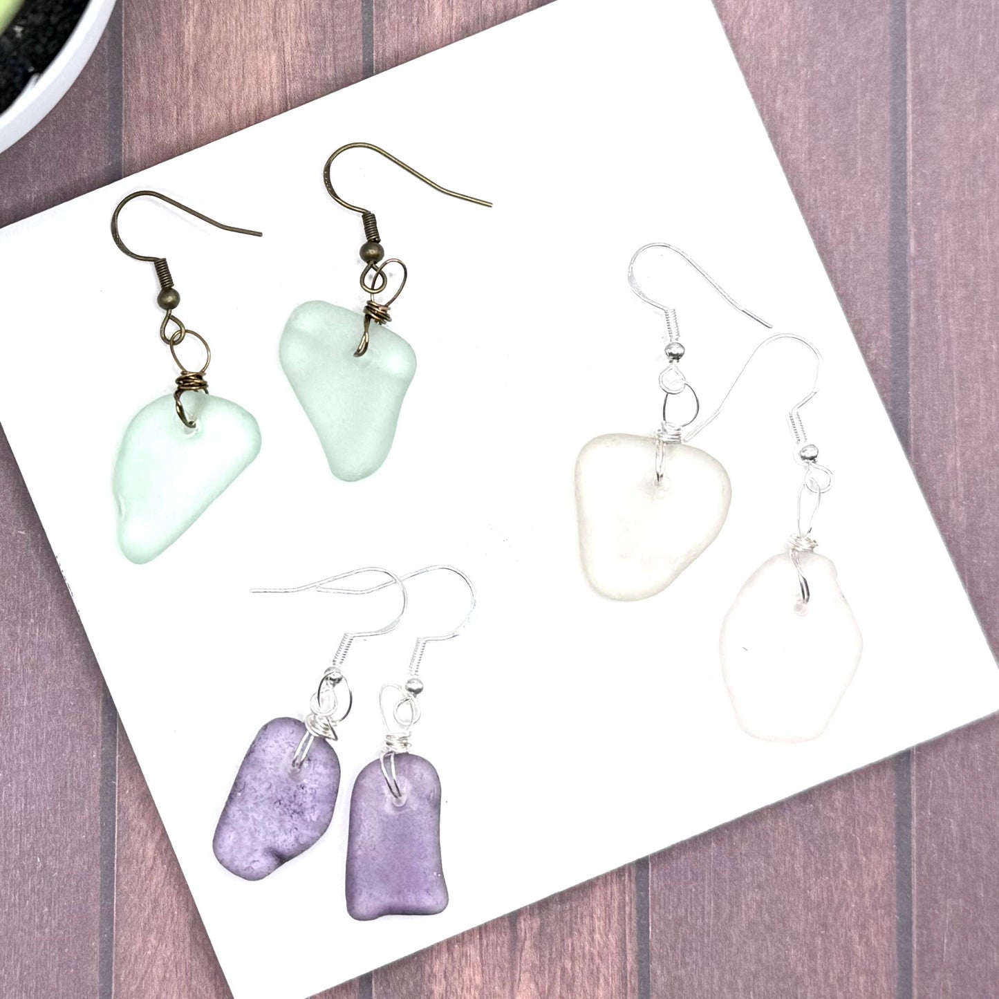 Salt & Story Sea Glass Earrings: Carded on brown cardstock / Silver only (.925 Sterling)