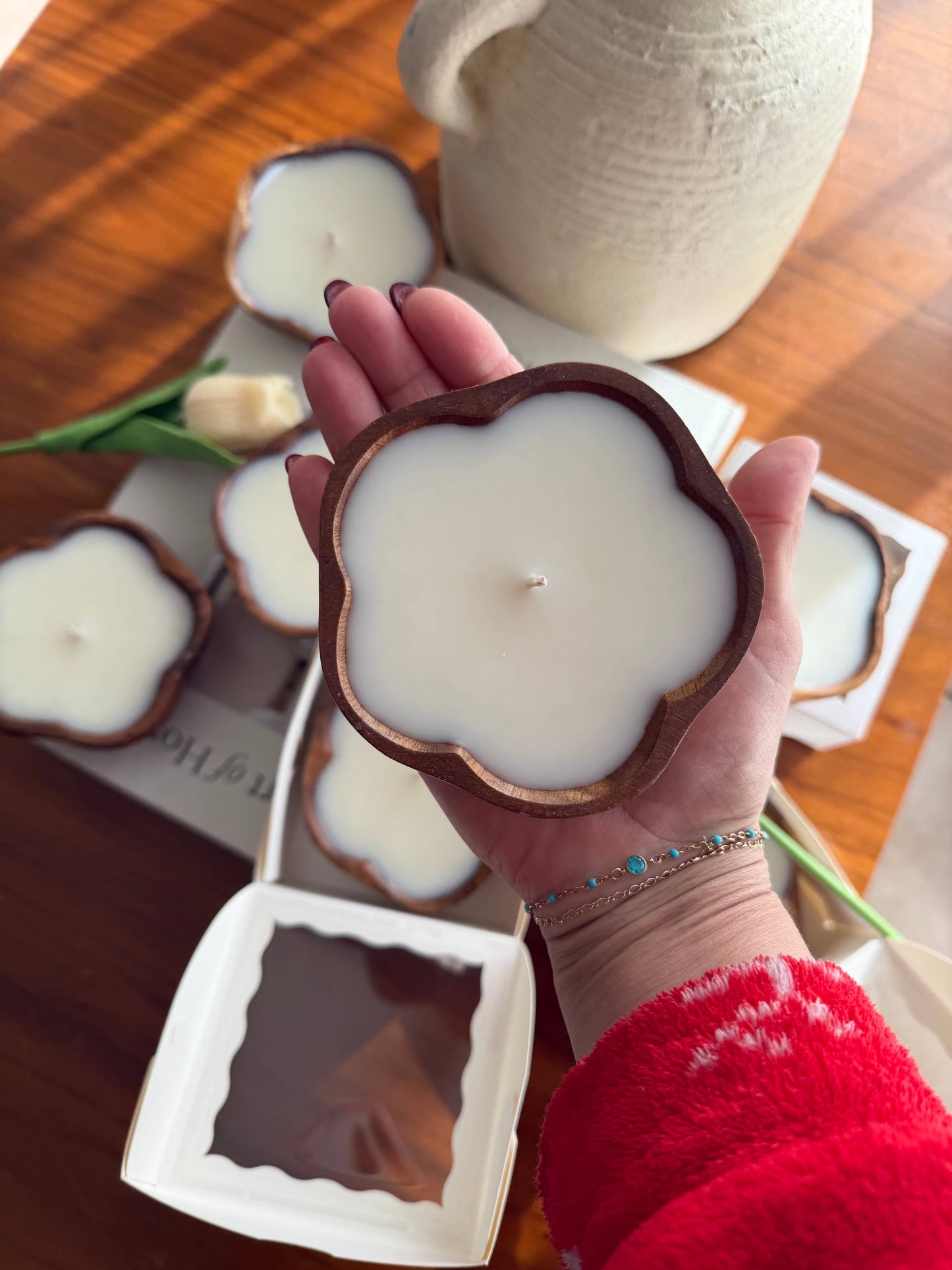 Flower shaped wood bowl candles