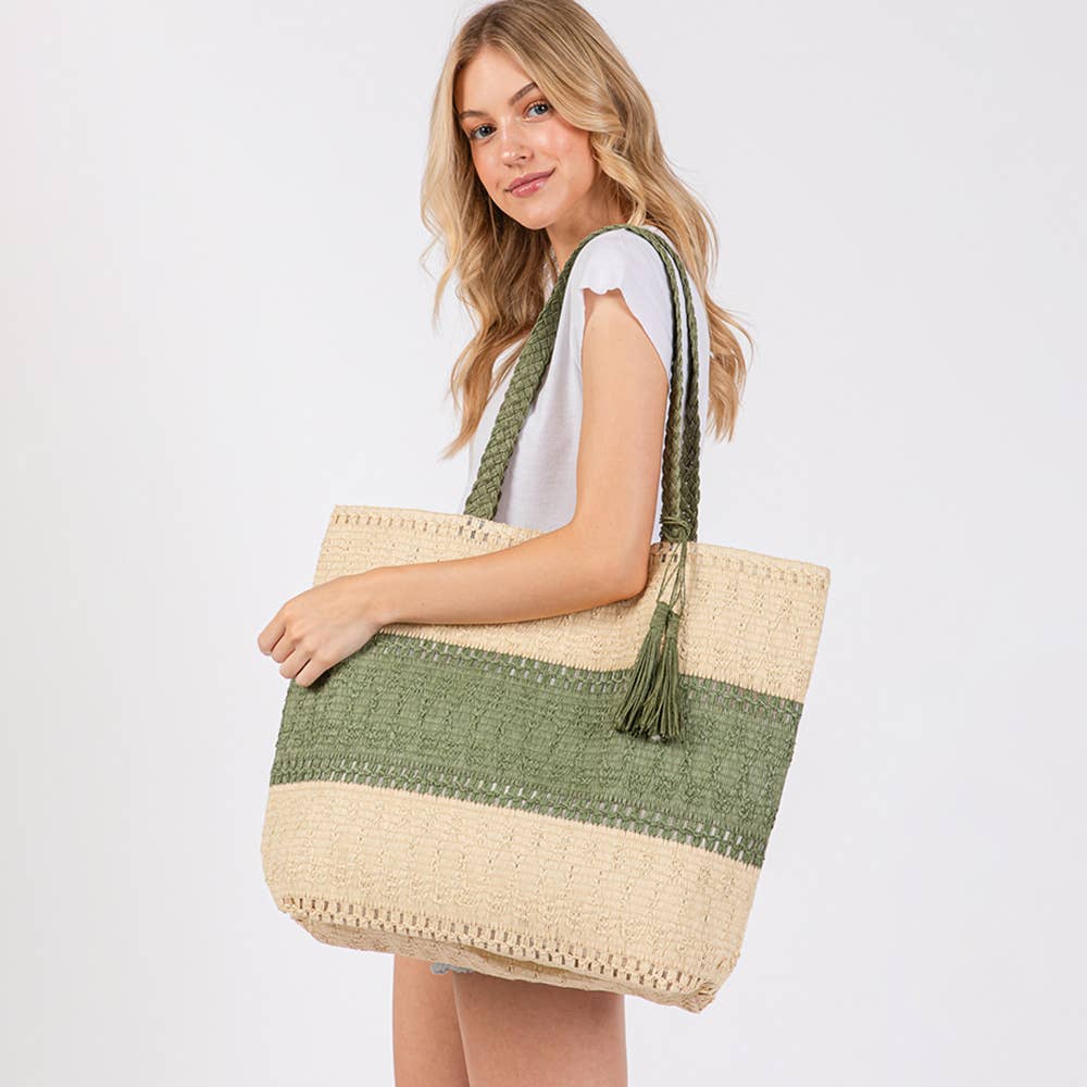 Two Tone Color Block Woven Tassel Straw Tote Bag / Beach Bag