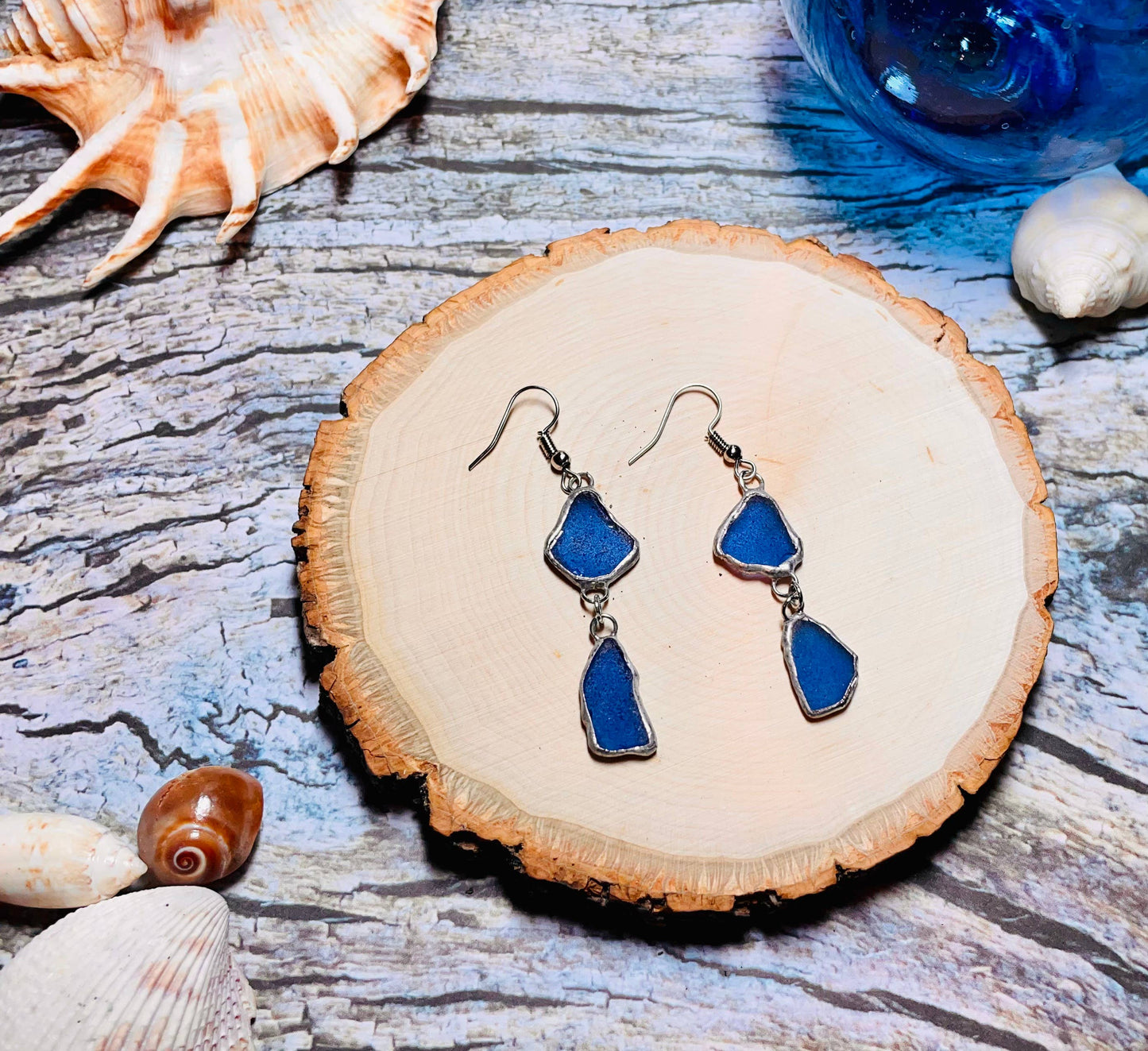 Drift Duo Sea Glass Earrings: Carded on brown cardstock