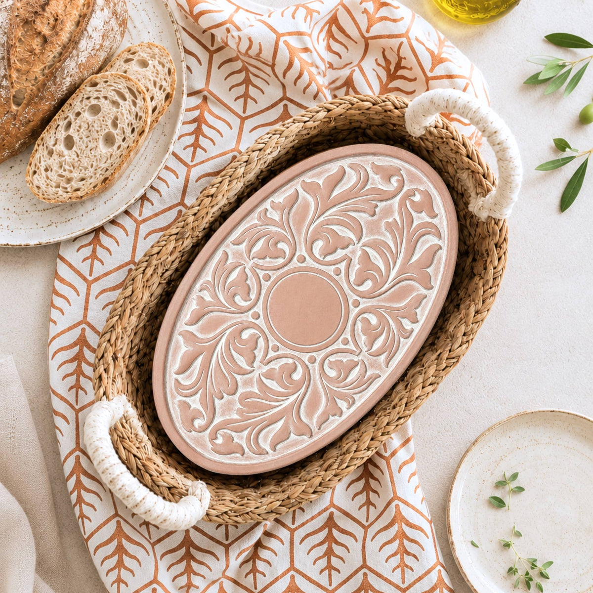 Handmade Bread Warmer & Wicker Basket - Vintage Vine Oval