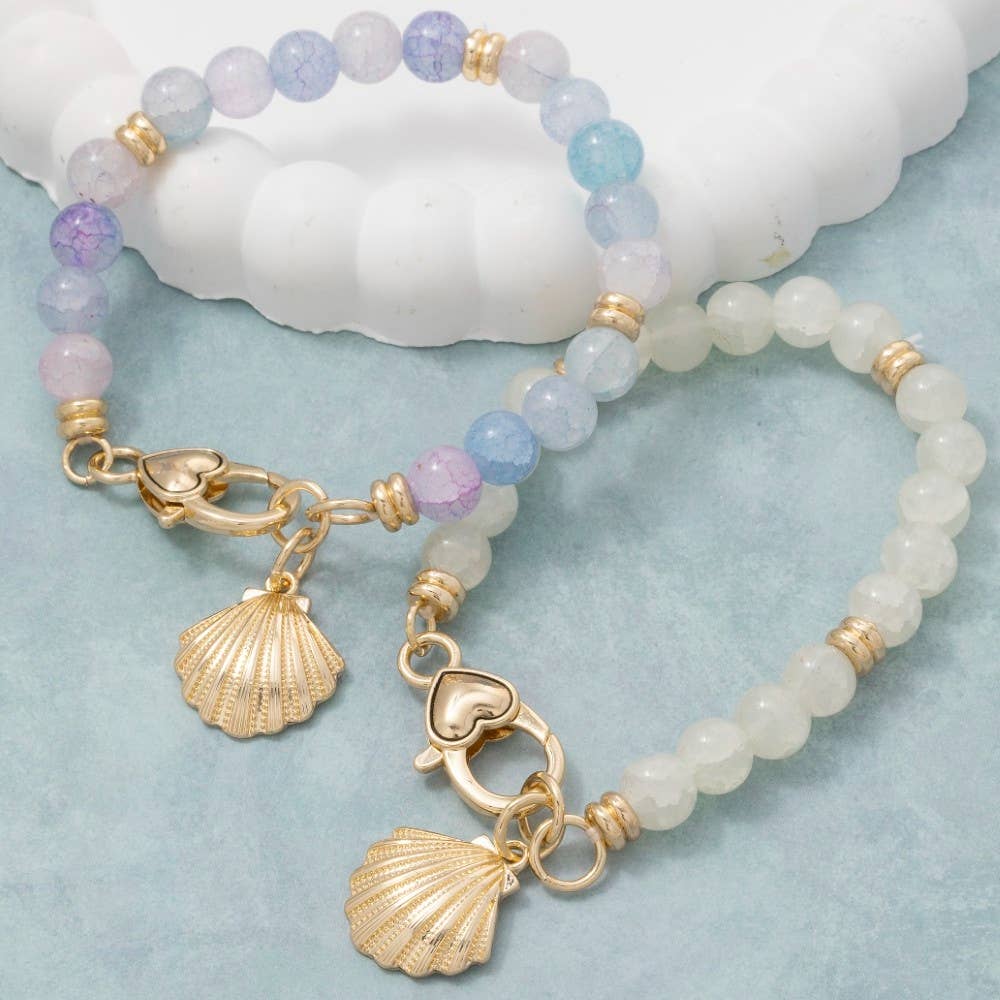 Sea Shell Charm And Heart Clasp Glass Beaded Bracelet