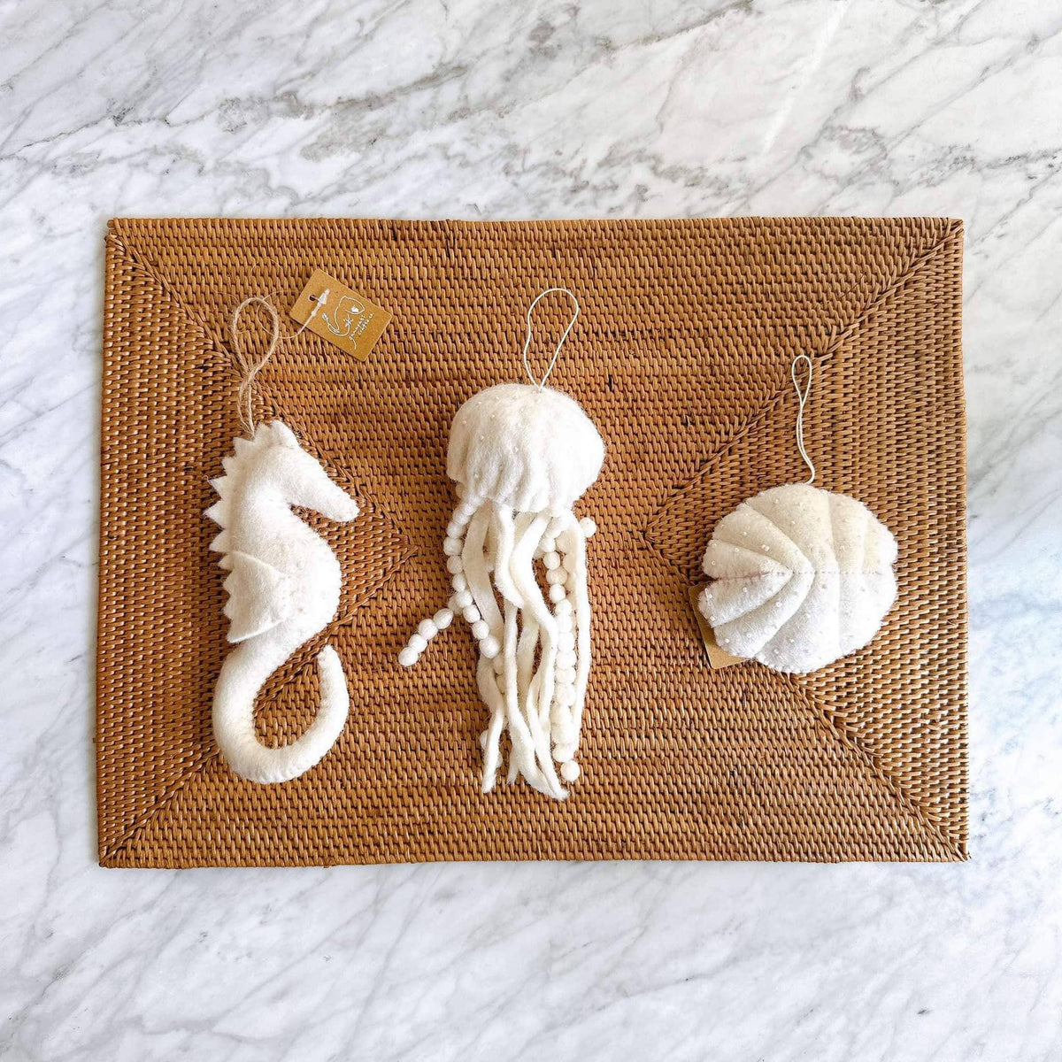 Felt White Sea Life Ornament - Scallop, Seahorse, or Jellyfish