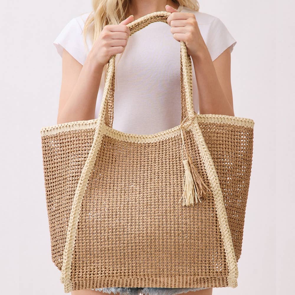 Two Tone Woven Straw Tote Bag - Black