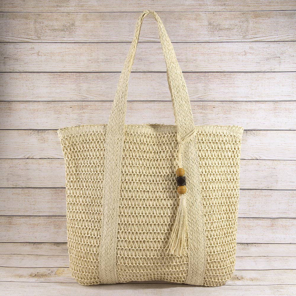 Woven Paper Straw Tote Bag With Tassel