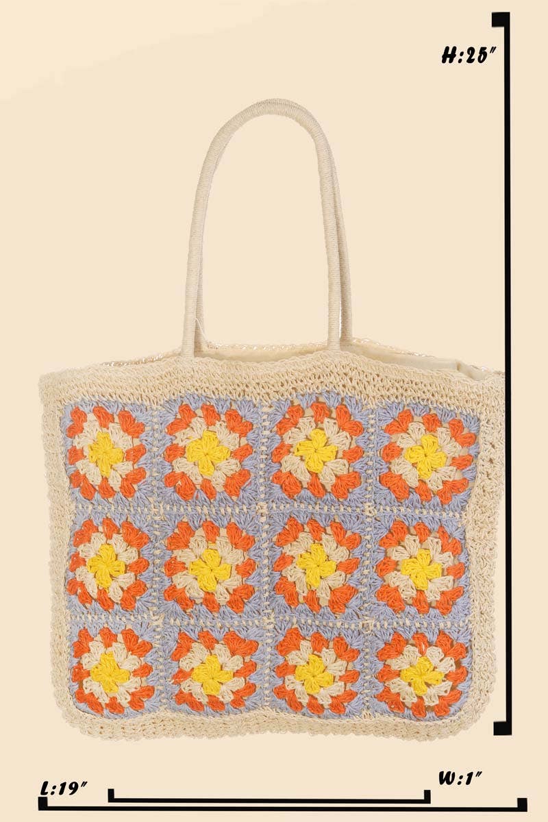 Straw Braided Floral Pattern Tote Bag