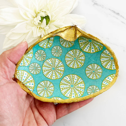 Sea Urchin Teal Background Decoupage Clam Shell Trinket Dish