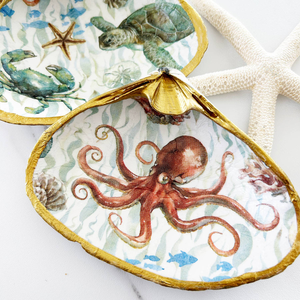 Sea Life Turtle Crab Octopus Decoupage Clam Shell Trinket