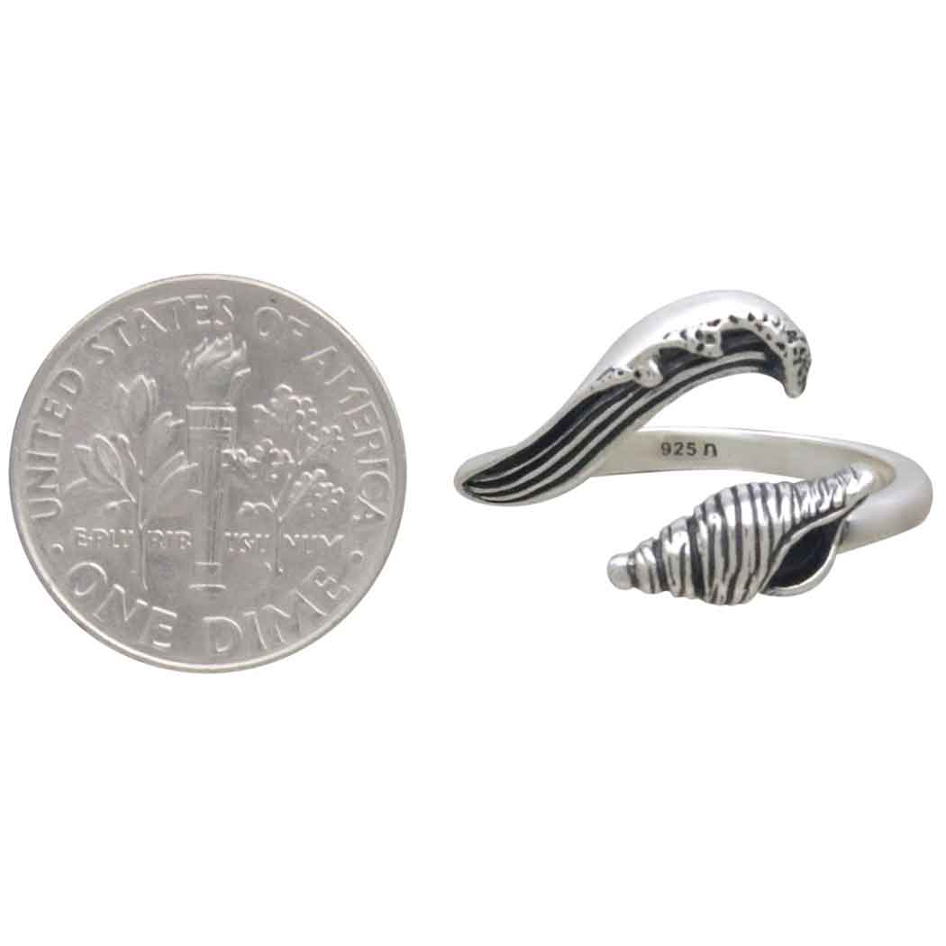 Sterling Silver Adjustable Wave and Shell Ring