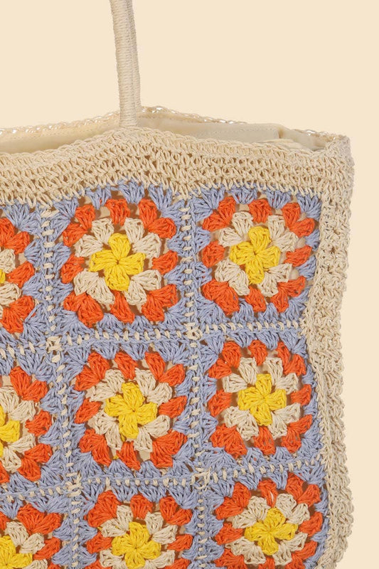 Straw Braided Floral Pattern Tote Bag