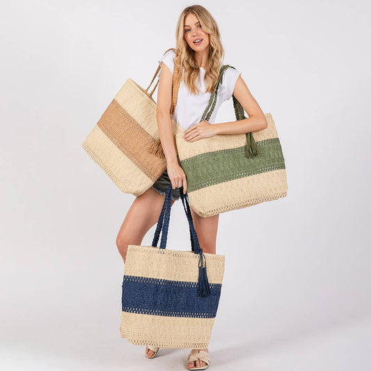 Two Tone Color Block Woven Tassel Straw Tote Bag / Beach Bag