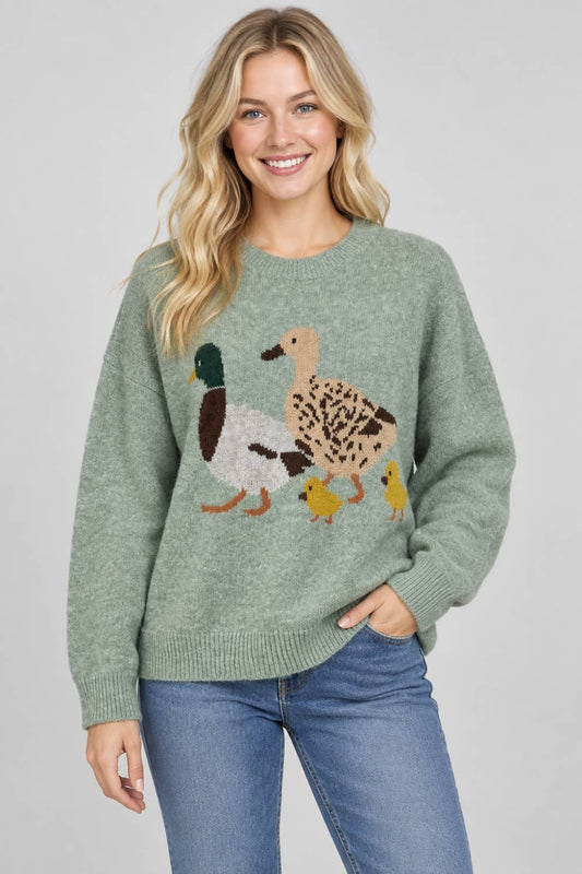 Women’s Duck Family Knit Sweater – Sage Green Crewneck