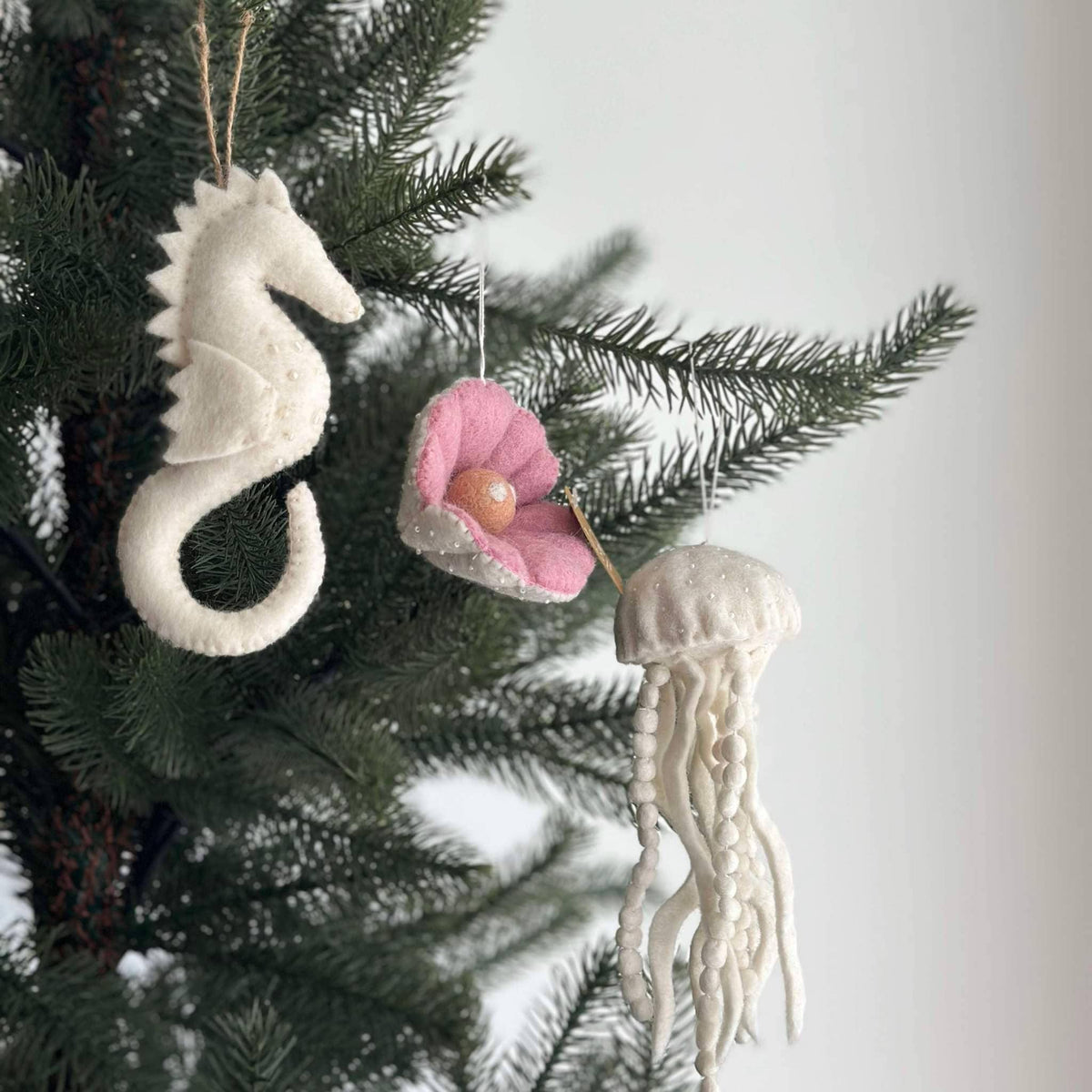 Felt White Sea Life Ornament - Scallop, Seahorse, or Jellyfish