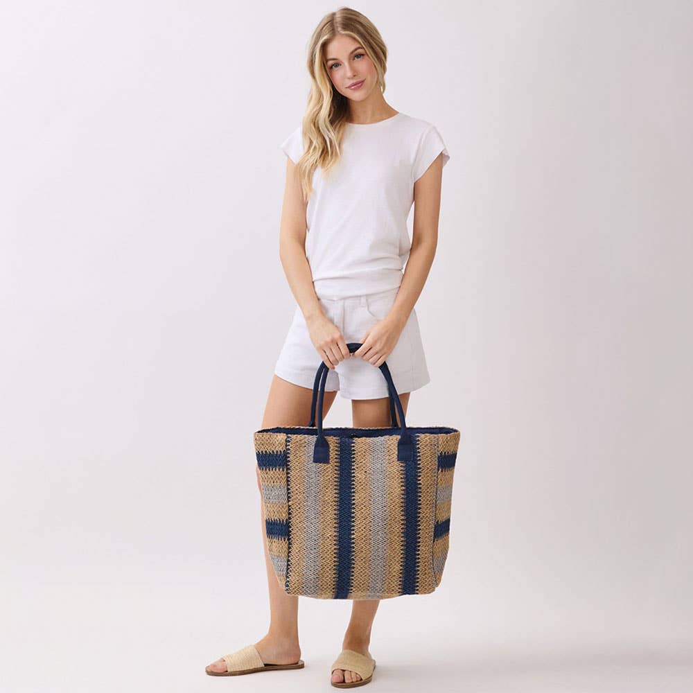 Natural Multi Color Stripe Straw Tote Bag