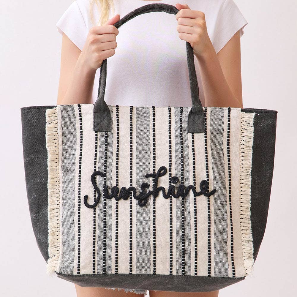 Vintage SUNSHINE Message Stripe Fringe Tote Bag
