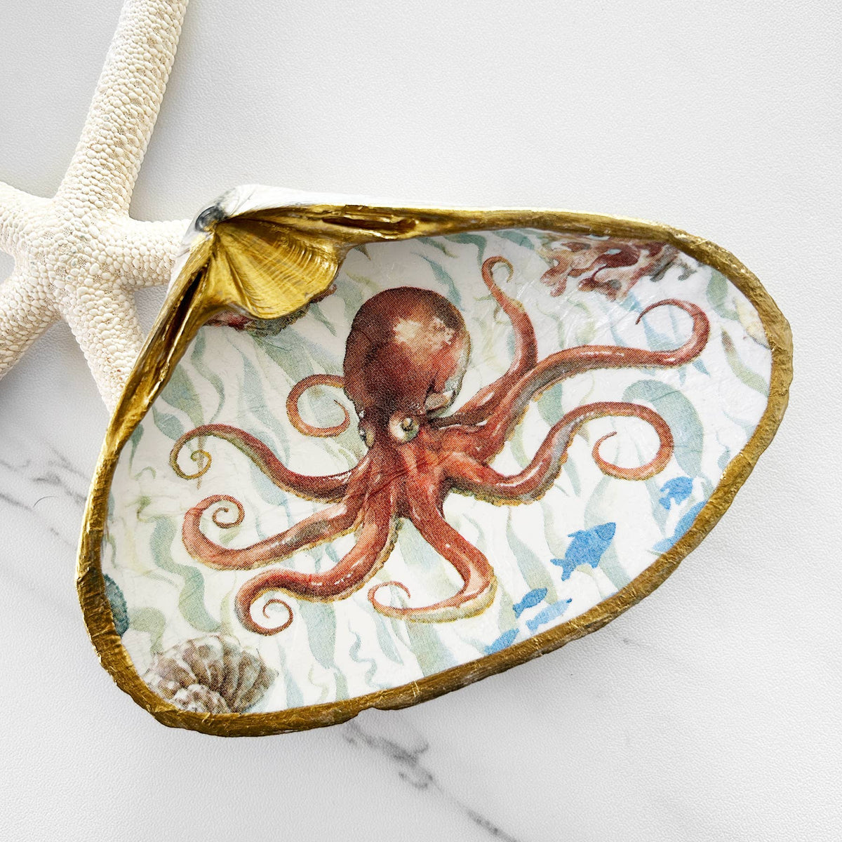 Sea Life Turtle Crab Octopus Decoupage Clam Shell Trinket