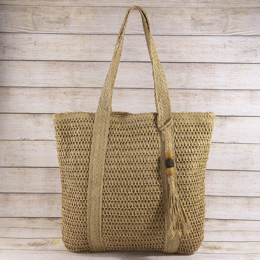 Woven Paper Straw Tote Bag With Tassel