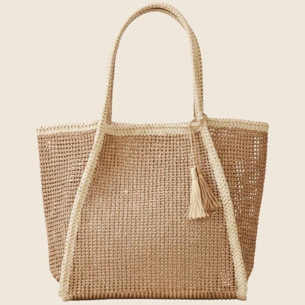 Two Tone Woven Straw Tote Bag - Black