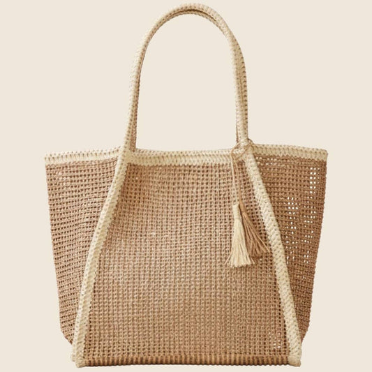 Two Tone Woven Straw Tote Bag - Black
