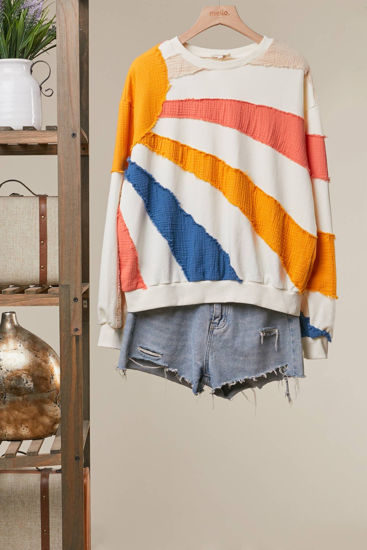 Retro Sunburst Mixed-Fabric Patchwork Sweatshirt