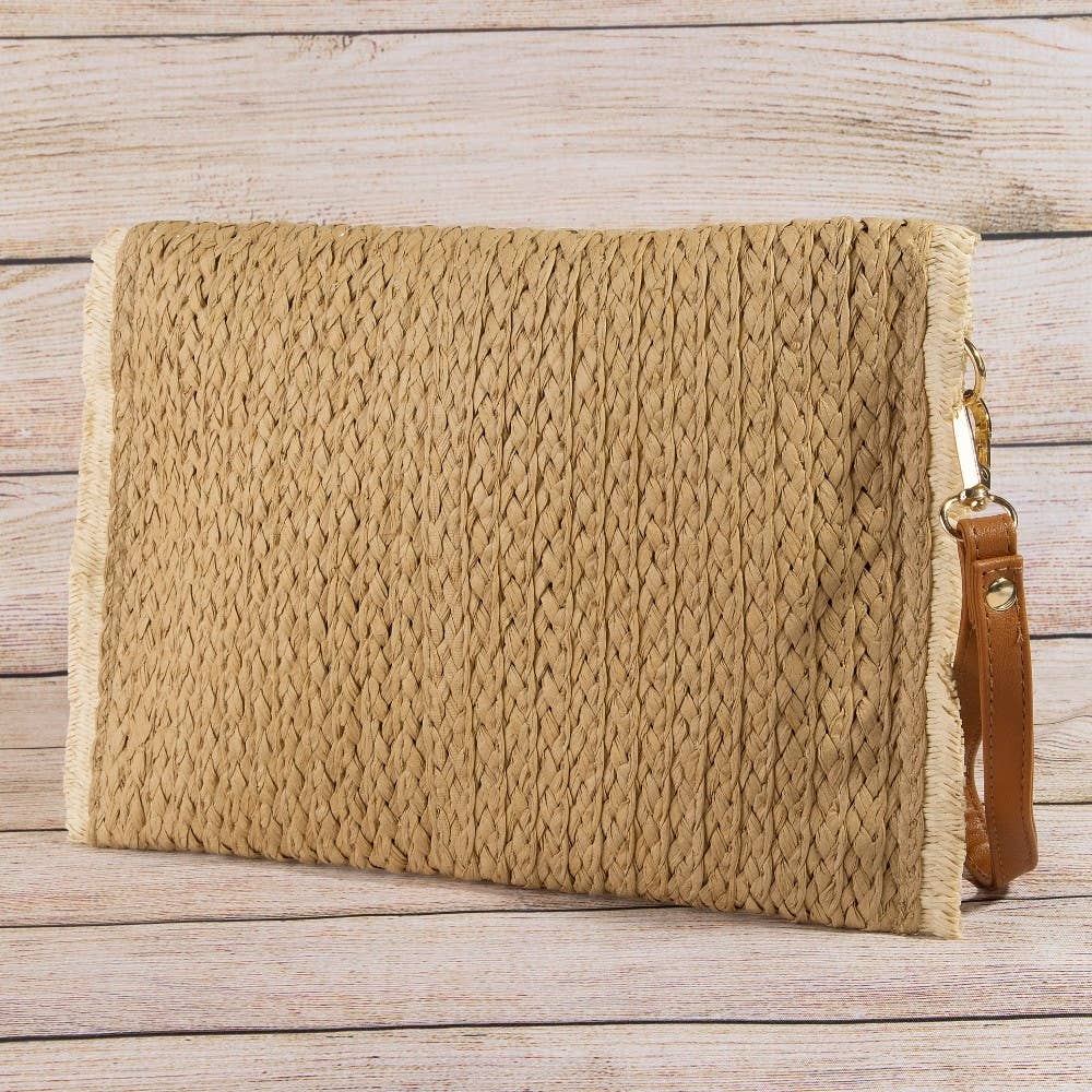 Fringed Trim Straw Clutch Bag