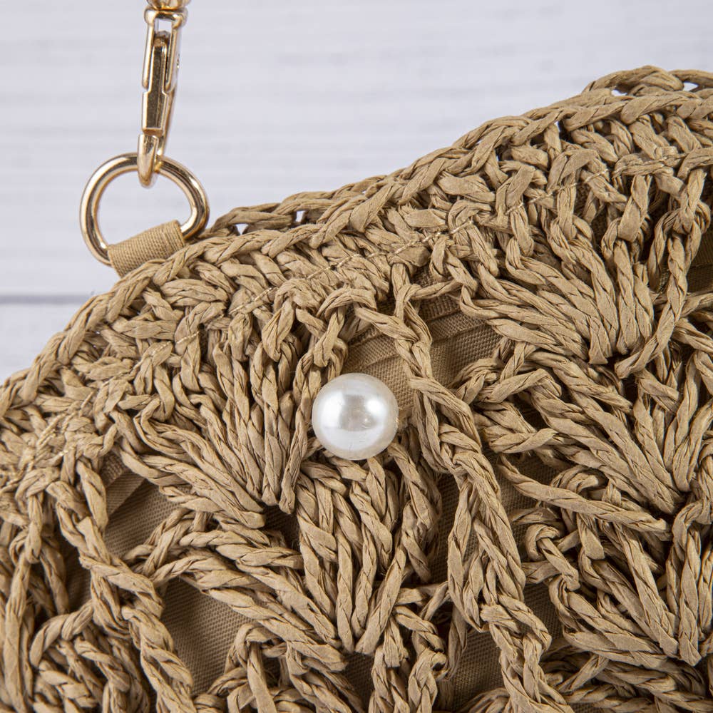 Shell Pearl Beaded Straw Crochet Crossbody Bag