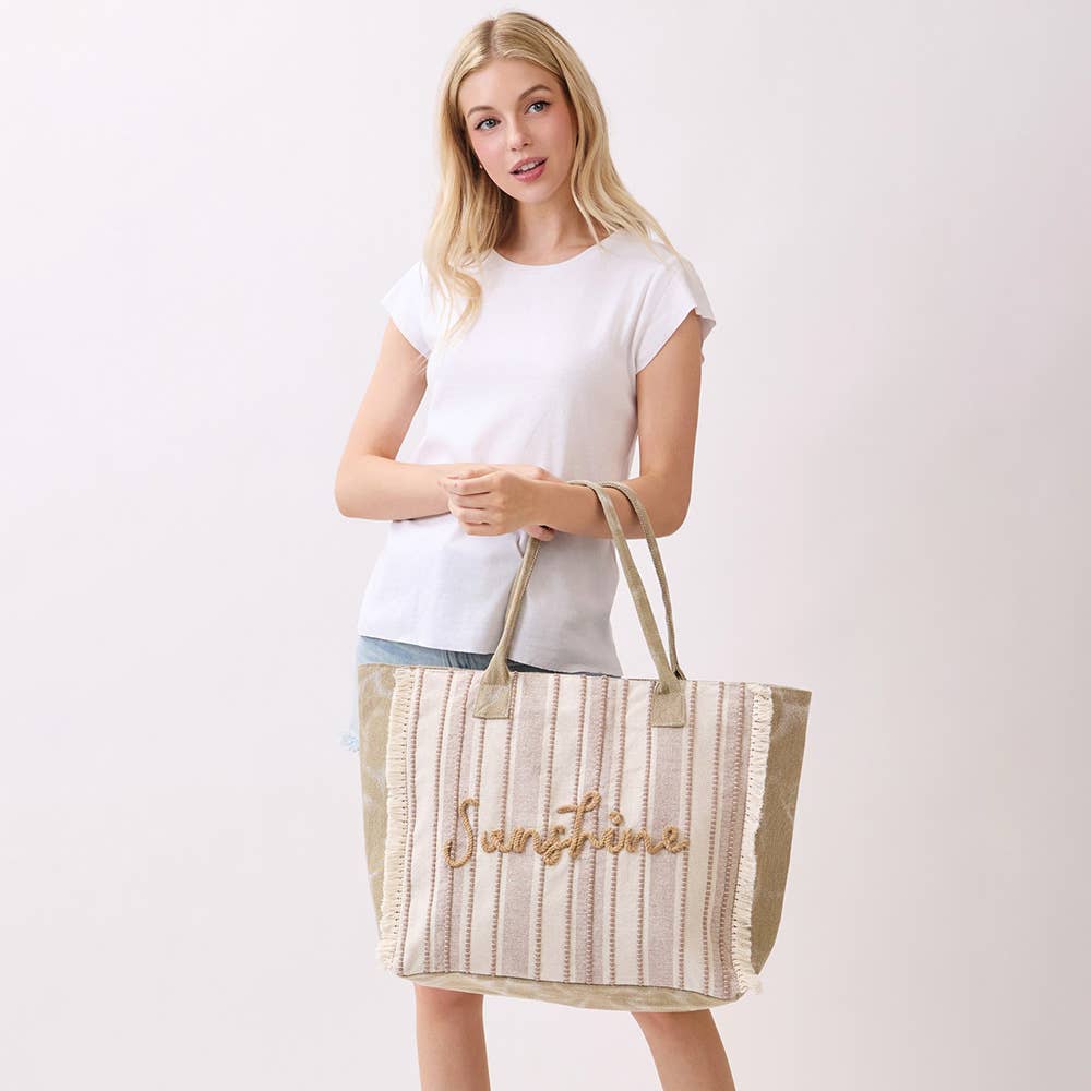 Vintage SUNSHINE Message Stripe Fringe Tote Bag