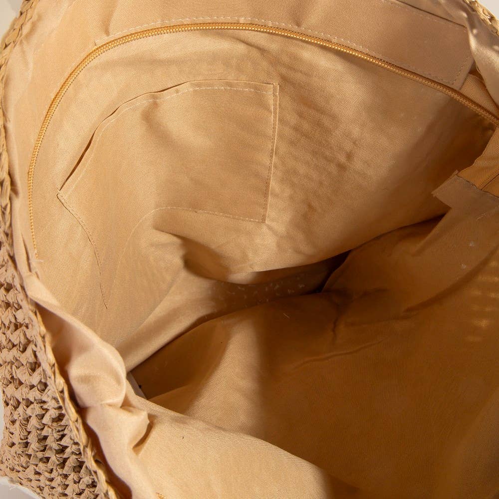 Straw Braided Hat Carrier Tote Bag: Beige and White