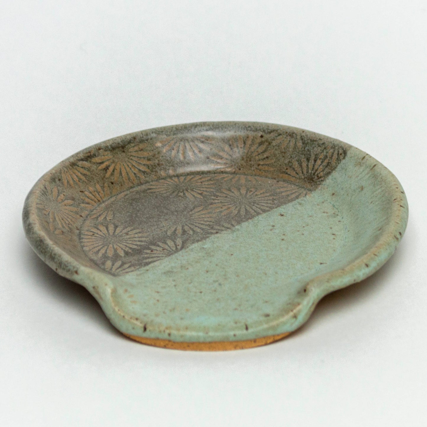 Gray & Blue Sunburst Pattern Ceramic Spoon Rest Handmade