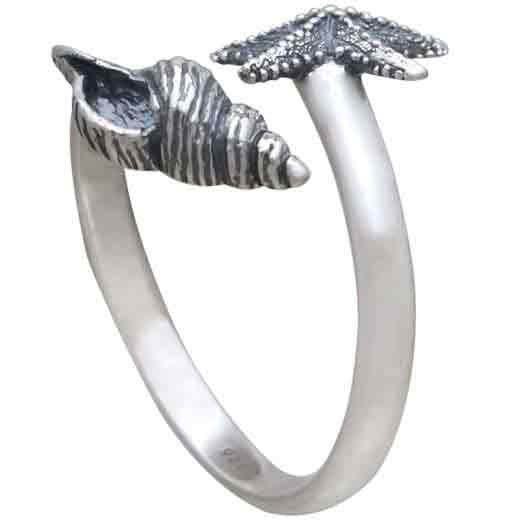 Sterling Silver Adjustable Starfish and Conch Shell Ring